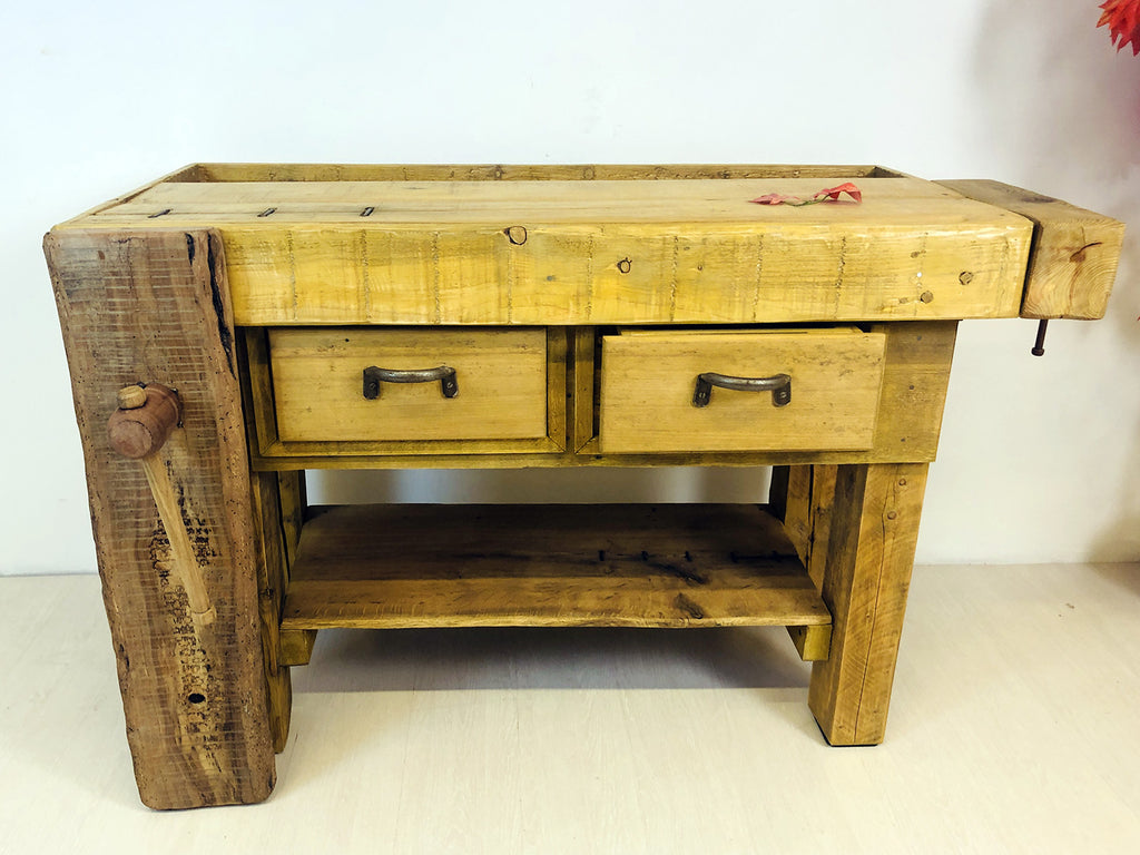 Carpenter's workbench for kitchen island furniture / living room BAR corner INDUSTRIAL style solid wood drawers and vice 140x80xh90 cm