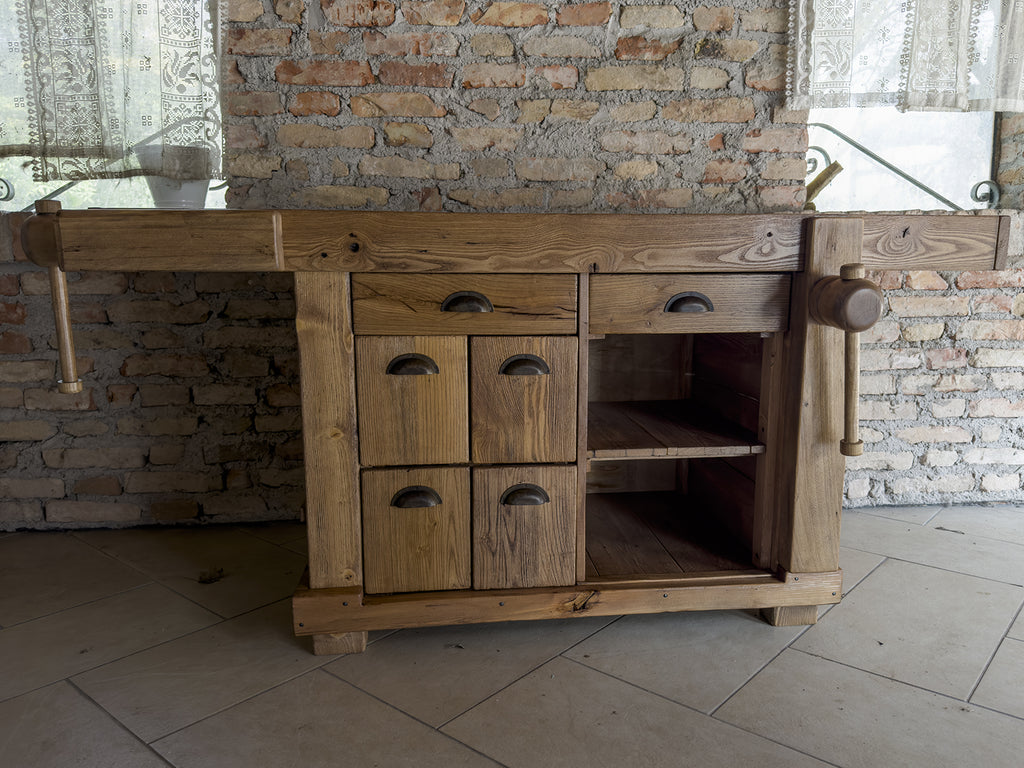 Banco Falegname per arredo mod. Marco stile INDUSTRIAL in legno massello a 6 cassetti e 2 morse misure 160x65h80 cm