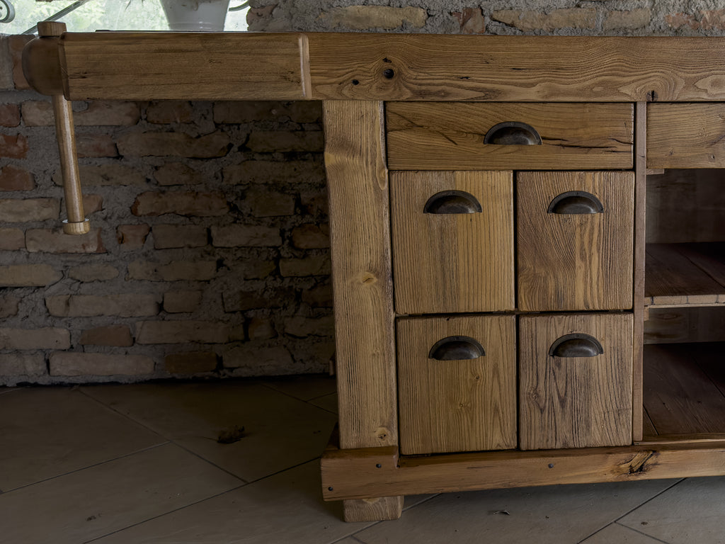 Banco Falegname per arredo mod. Marco stile INDUSTRIAL in legno massello a 6 cassetti e 2 morse misure 160x65h80 cm