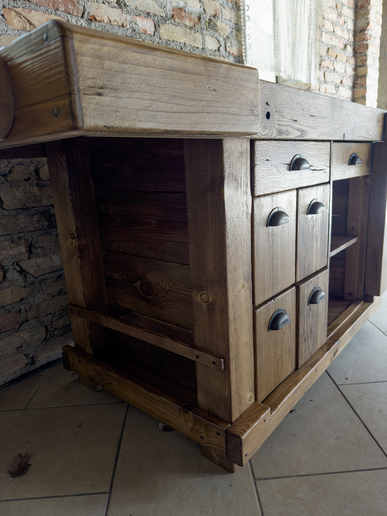 Banco Falegname per arredo mod. Marco stile INDUSTRIAL in legno massello a 6 cassetti e 2 morse misure 160x65h80 cm