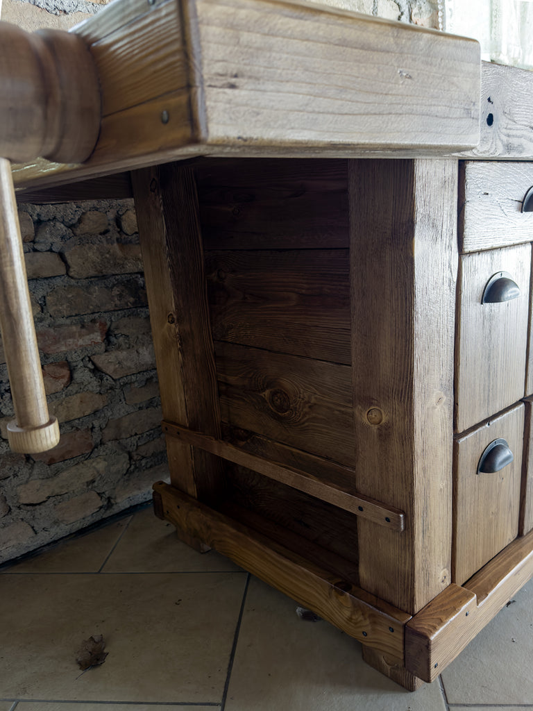 Banco Falegname per arredo mod. Marco stile INDUSTRIAL in legno massello a 6 cassetti e 2 morse misure 160x65h80 cm