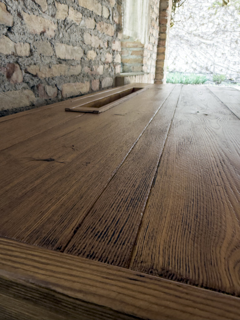 Banco Falegname per arredo mod. Marco stile INDUSTRIAL in legno massello a 6 cassetti e 2 morse misure 160x65h80 cm