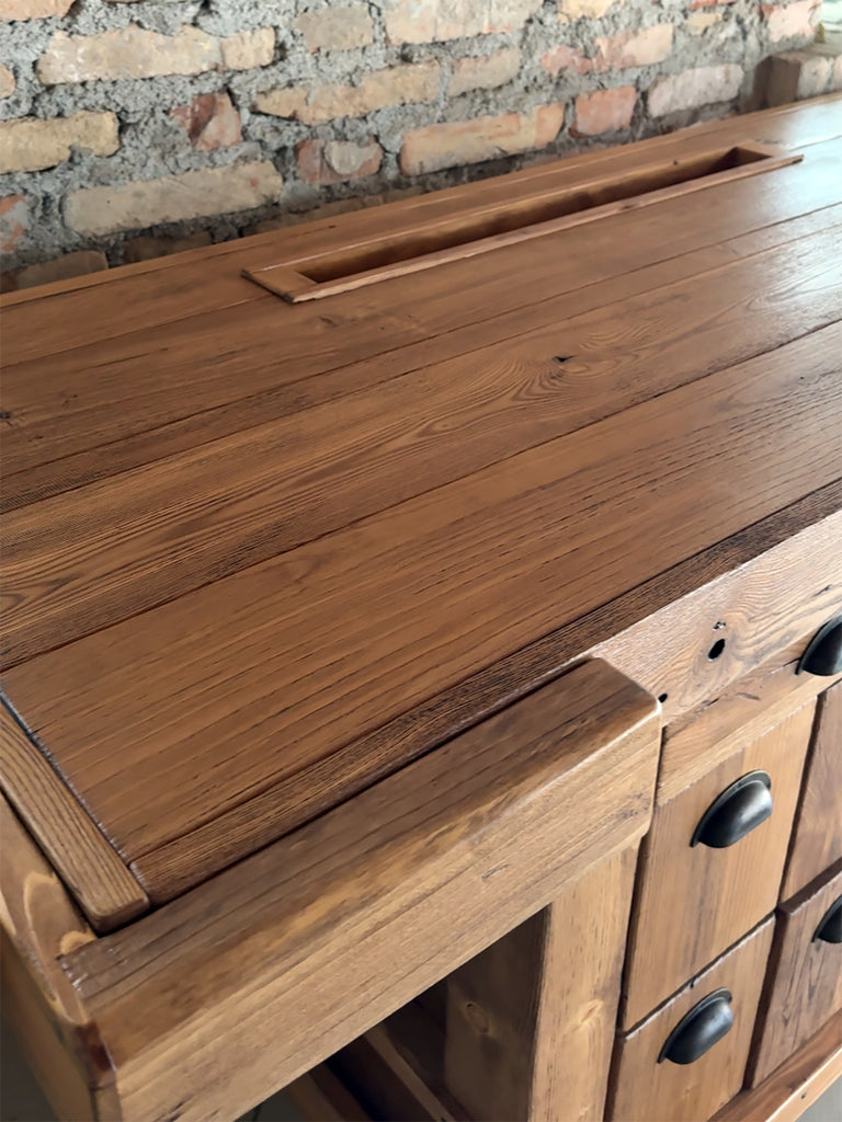 Banco Falegname per arredo mod. Marco stile INDUSTRIAL in legno massello a 6 cassetti e 2 morse misure 160x65h80 cm