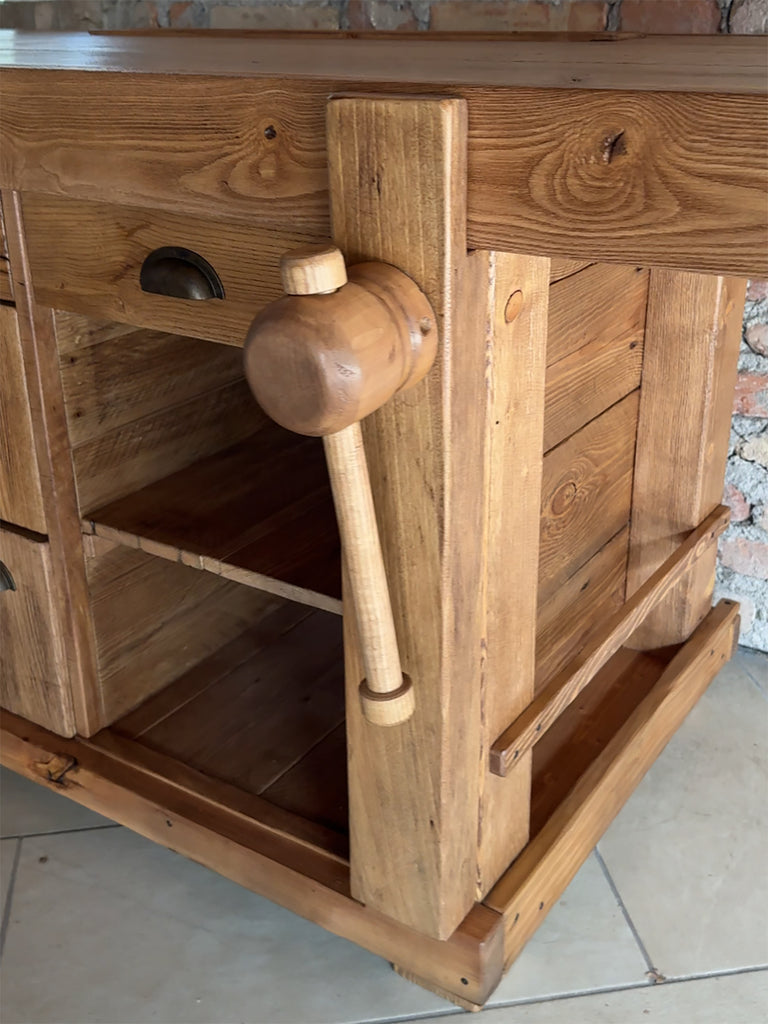 Banco Falegname per arredo mod. Marco stile INDUSTRIAL in legno massello a 6 cassetti e 2 morse misure 160x65h80 cm