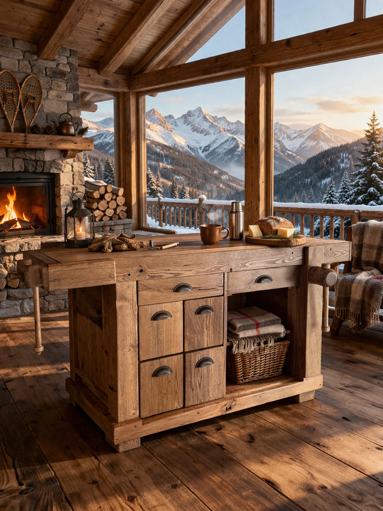 Banco Falegname per arredo mod. Marco stile INDUSTRIAL in legno massello a 6 cassetti e 2 morse misure 160x65h80 cm