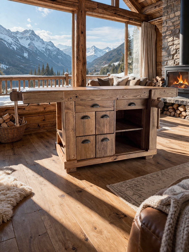 Banco Falegname per arredo mod. Marco stile INDUSTRIAL in legno massello a 6 cassetti e 2 morse misure 160x65h80 cm