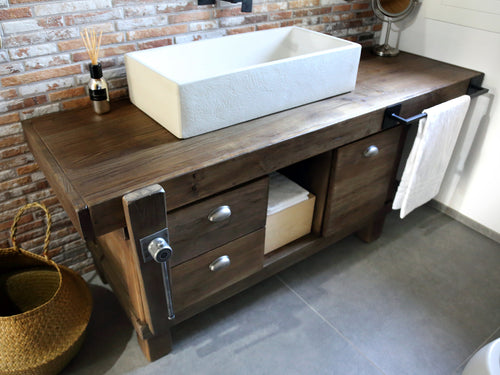 Banco da Falegname per arredo Bagno in stile INDUSTRIAL in legno massello predisposizione Lavabo misure 180x60xh80cm