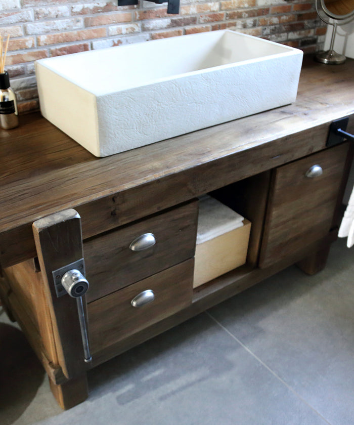 Banco da Falegname per arredo Bagno in stile INDUSTRIAL in legno massello predisposizione Lavabo misure 180x60xh80cm
