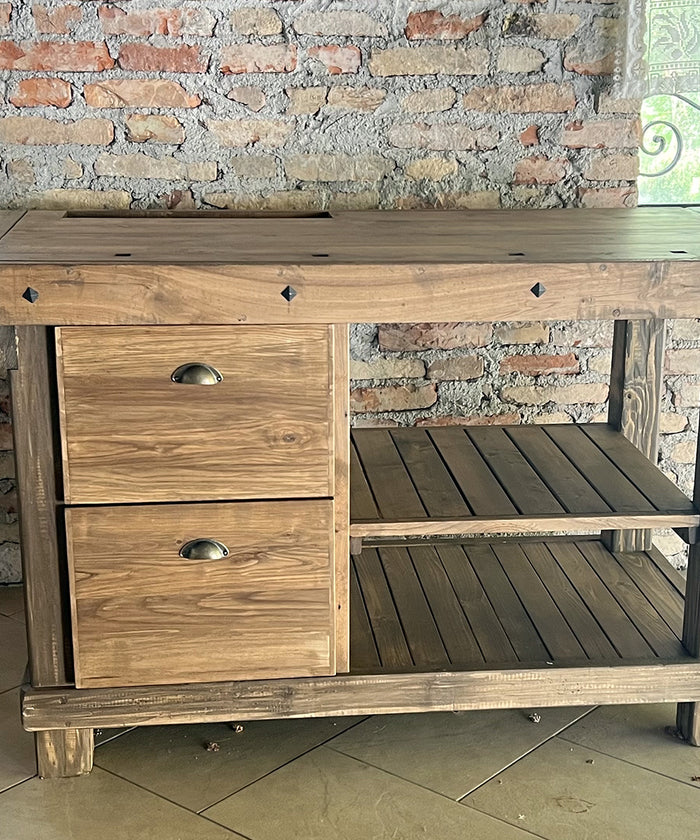 Banco Falegname arredo casa e attività commerciali stile INDUSTRIAL legno massello abete e frassino 2 cassetti 1 morsa 170/185x60xh90cm