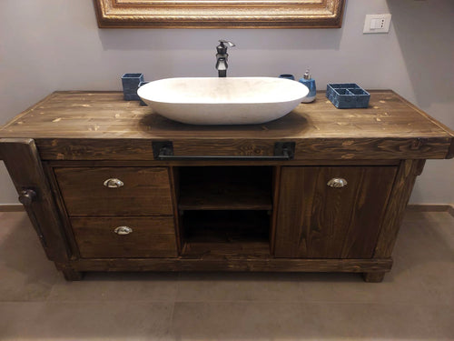 Bathroom cabinet INDUSTRIAL style mod. Valentina in solid wood + Stone sink and tap mirror and optional toilet roll holder dimensions 110x60xh72+15cm