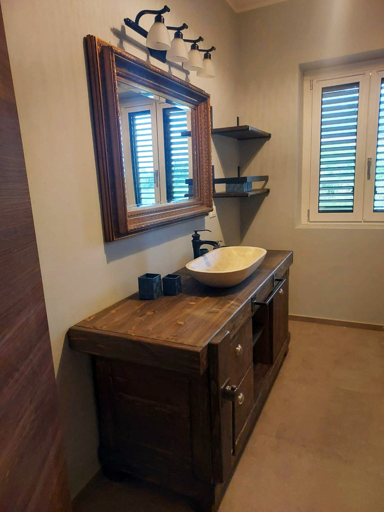 Mobile bagno stile BANCO DA FALEGNAME in legno massello con Lavabo in pietra e rubinetto | mensola - porta rotolo opzionali |misure 160x60xh80+15cm
