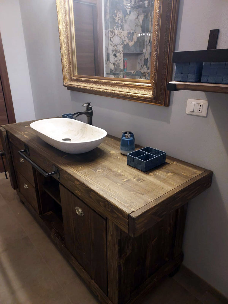 Mobile bagno stile BANCO DA FALEGNAME in legno massello con Lavabo in pietra e rubinetto | mensola - porta rotolo opzionali |misure 160x60xh80+15cm