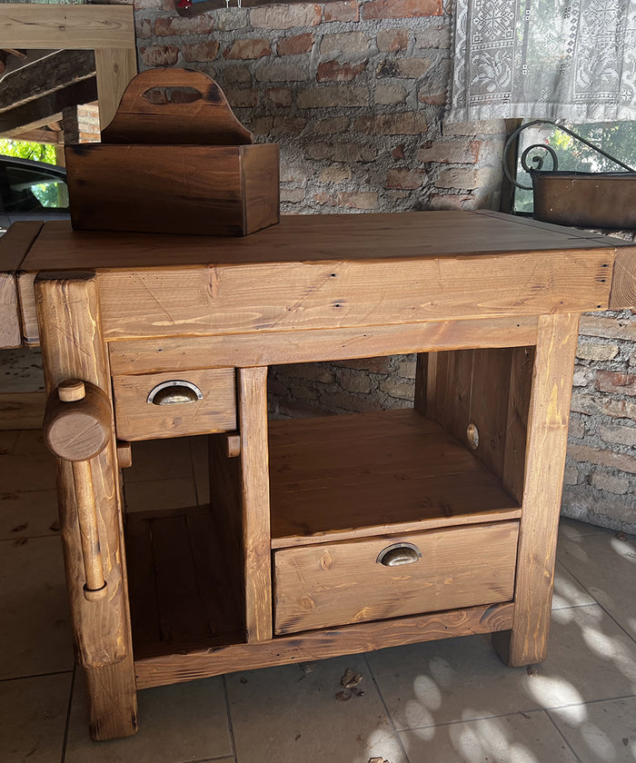 Carpenter's workbench for kitchen and living room furniture, INDUSTRIAL VISSUTO style, solid wood, 4 drawers, 2 vices, 180x55xh85 cm
