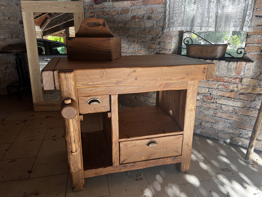 Tischlerwerkbank für Möbel mit ausziehbarer Platte, doppelseitiger Schublade und transportablem Flaschenhalter, Maße 115-165x65h90 cm