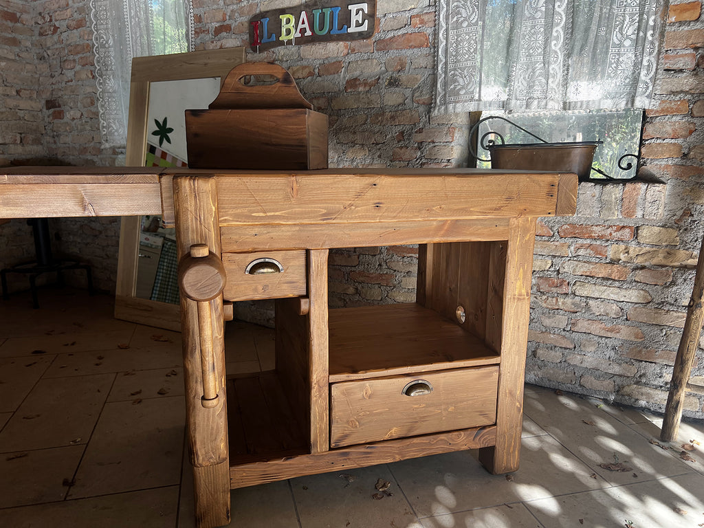 Tischlerwerkbank für Möbel mit ausziehbarer Platte, doppelseitiger Schublade und transportablem Flaschenhalter, Maße 115-165x65h90 cm