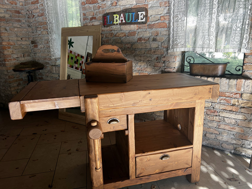 Tischlerwerkbank für Möbel mit ausziehbarer Platte, doppelseitiger Schublade und transportablem Flaschenhalter, Maße 115-165x65h90 cm