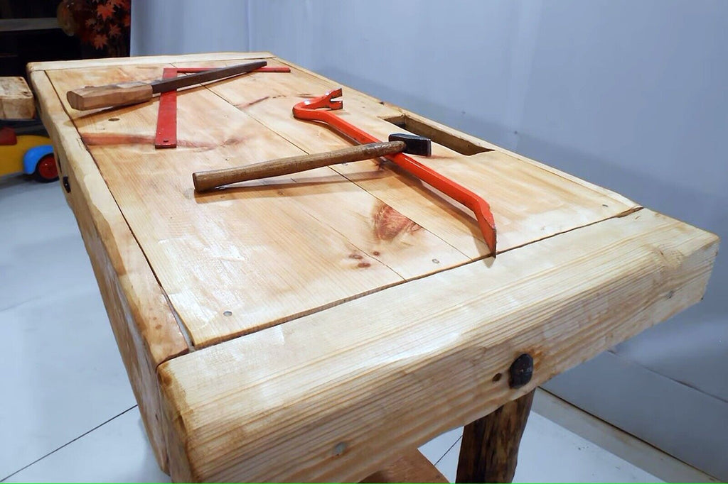 RUSTIC Carpenter's Bench for furnishing commercial activities, solid wood, rough, debarked, natural finish, dimensions 170x65x90 cm, CUSTOM MADE TO ORDER