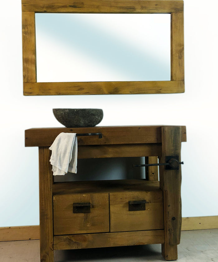 Banco da Falegname per arredo bagno legno massello finitura noce specchio e lavabo opzionali 95x50h80cm SU MISURA