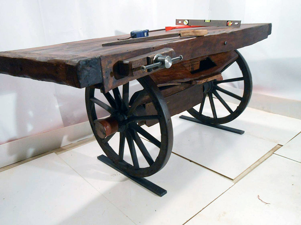 Originale Tischlerbank für Möbel, montiert auf Vintage-Wagenrädern, 200 x 80 x 100 cm, maßgefertigt und auf Bestellung gefertigt