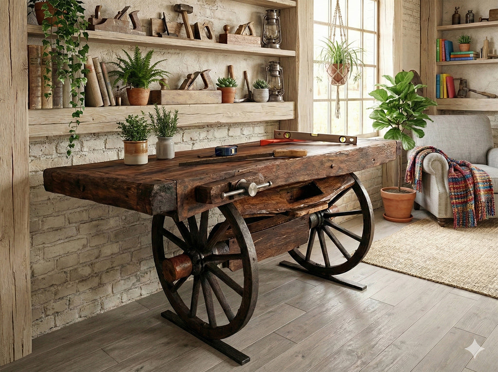 Originale Tischlerbank für Möbel, montiert auf Vintage-Wagenrädern, 200 x 80 x 100 cm, maßgefertigt und auf Bestellung gefertigt