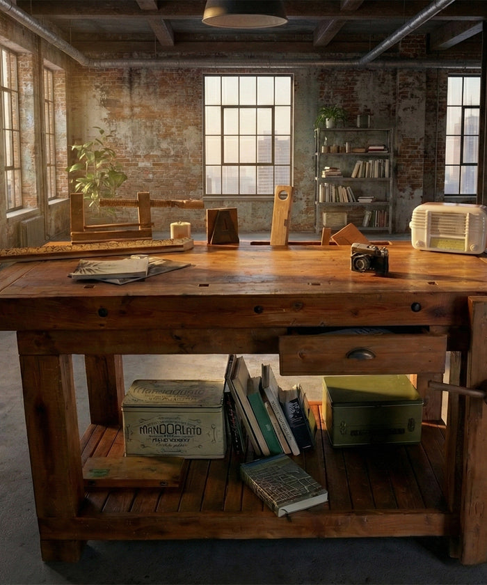 Carpenter's workbench for kitchen living room furniture in INDUSTRIAL style solid wood one drawer and two vices 150x63xh85 cm