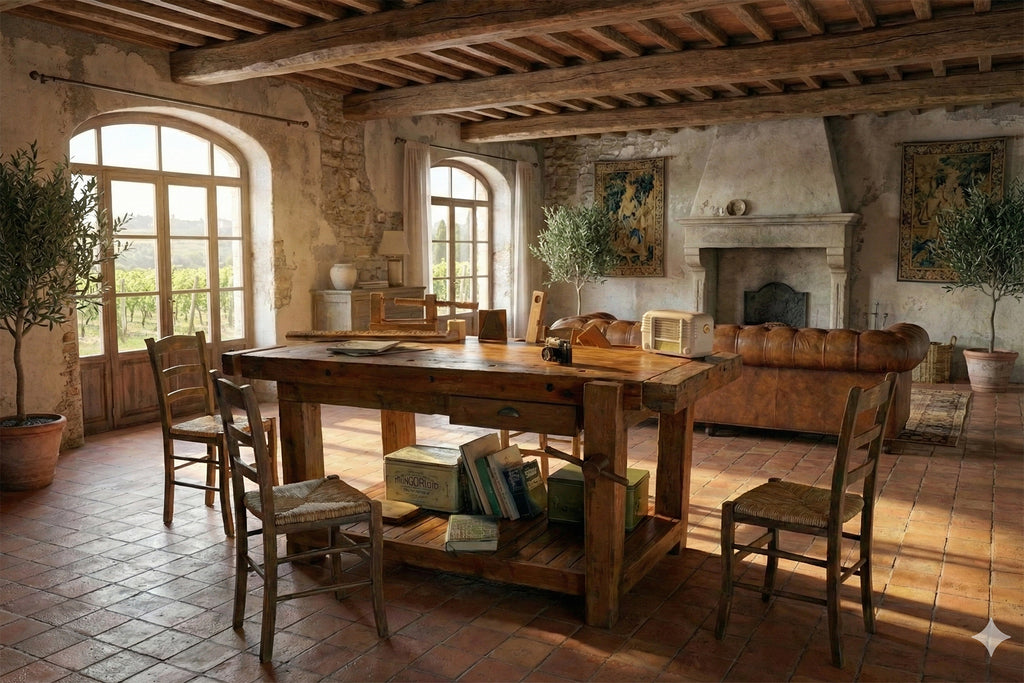 Tischlerwerkbank für Küchen-/Wohnzimmermöbel im INDUSTRIAL-Stil, Massivholz, eine Schublade und zwei Schraubstöcke, 150x63xh85 cm