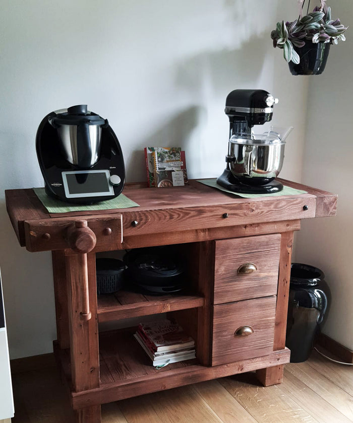 Banco da Falegname per arredo isola cucina o mobile bagno legno massello finitura noce antico 130x55h90cm SU MISURA