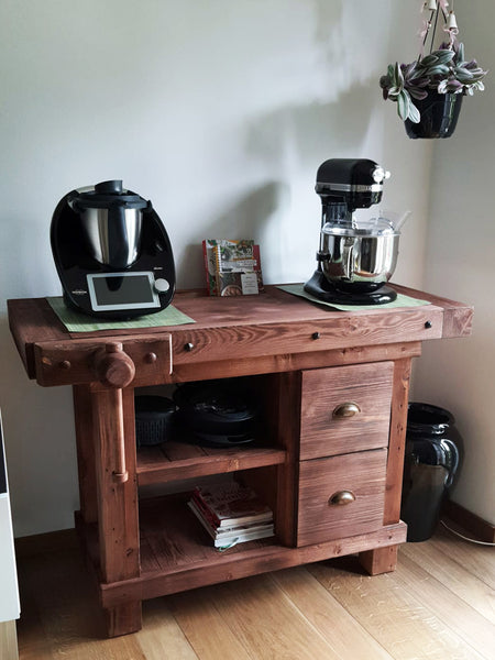 Carpenter's bench for kitchen island furniture or bathroom cabinet solid wood antique walnut finish 130x55h90cm CUSTOM MADE