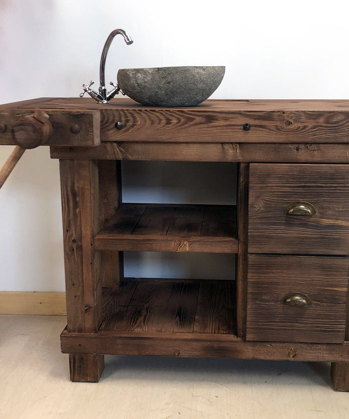 Banco da Falegname per arredo bagno o isola cucina legno massello finitura noce antico 130x55h90cm SU MISURA