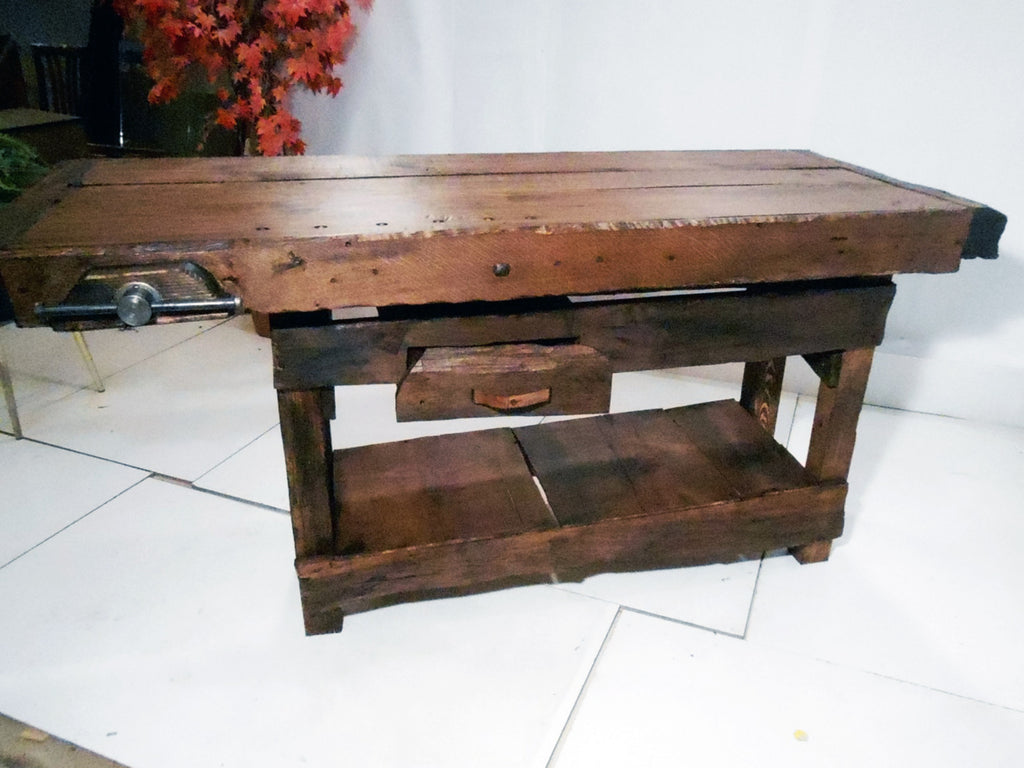 Tischlerwerkbank für die Einrichtung gewerblicher Tätigkeiten und rustikaler Umgebungen im Industriestil, Massivholz, Schublade und Schraubstock, 175x70x90 cm