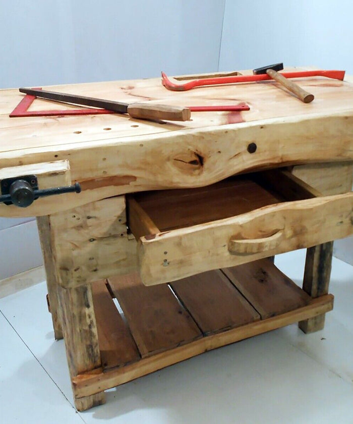 RUSTIKALE Hobelbank für die Einrichtung gewerblicher Tätigkeiten, Massivholz, roh, entrindet, naturbelassen, Maße 170x65x90 cm, SONDERANFERTIGUNG