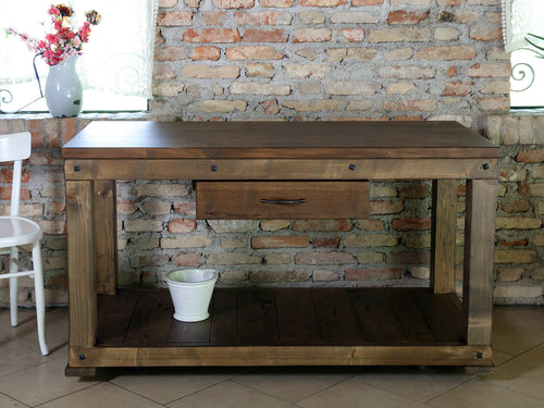 Rustic style kitchen island console table in solid wood with 1 drawer, 150x70xh80 cm