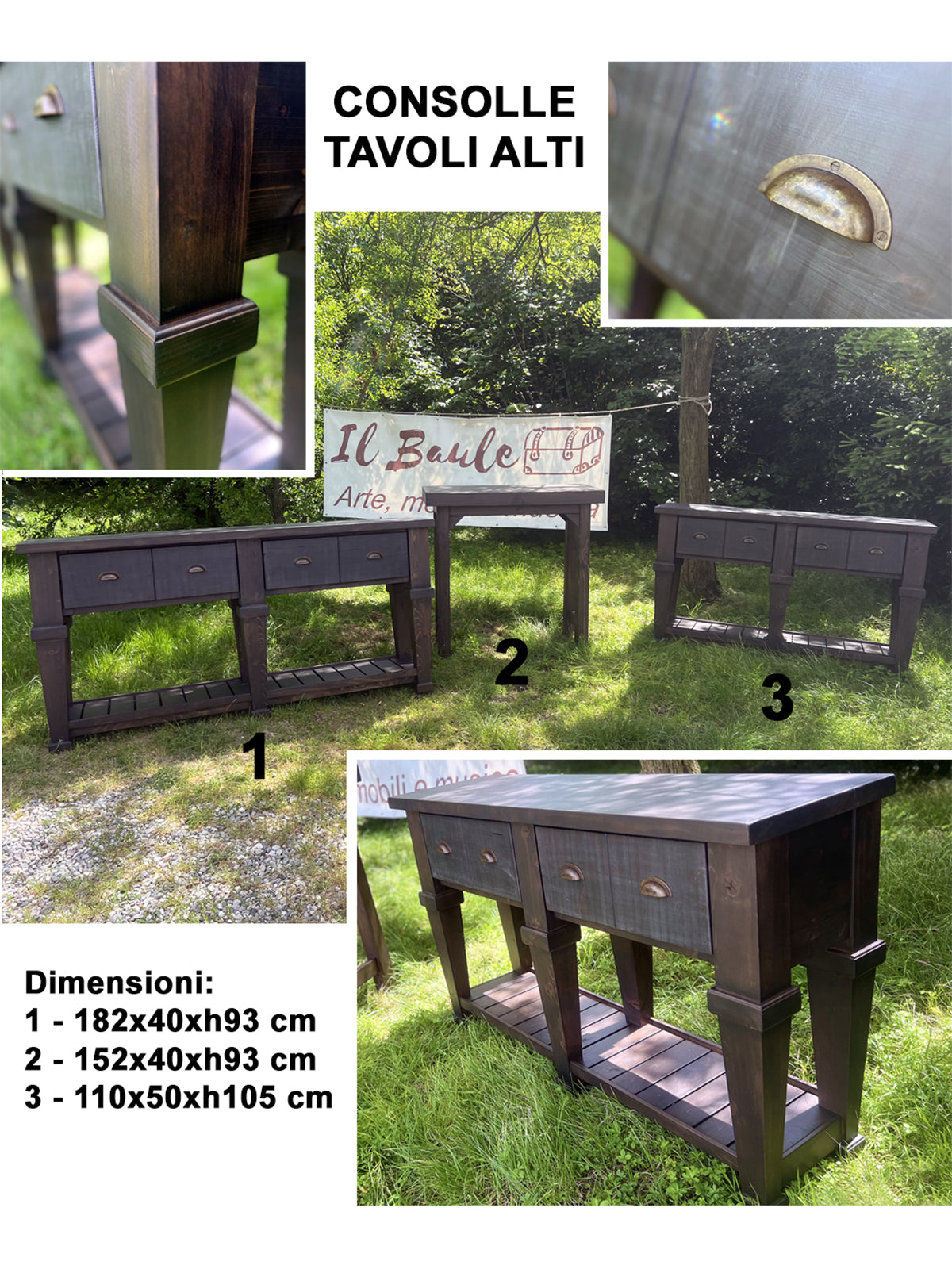 Hoher Konsolentisch für Möbel im rustikalen / ländlichen Bauernstil aus Massivholz, 4 Schubladen und offenes Regal, Modell (1), 182 x 40 x 93 cm, maßgefertigt, Walnuss-Finish