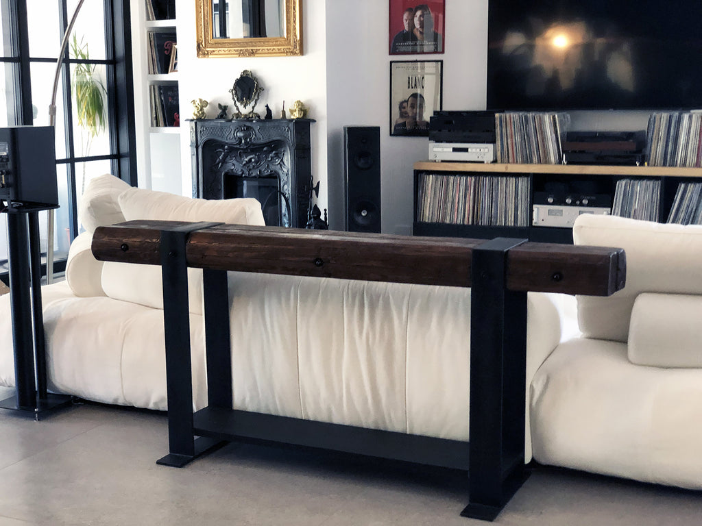 Consolle INDUSTRIAL in ferro e legno antico da riciclo – design artigianale 200×30×H80 cm – stile moderno e rustico