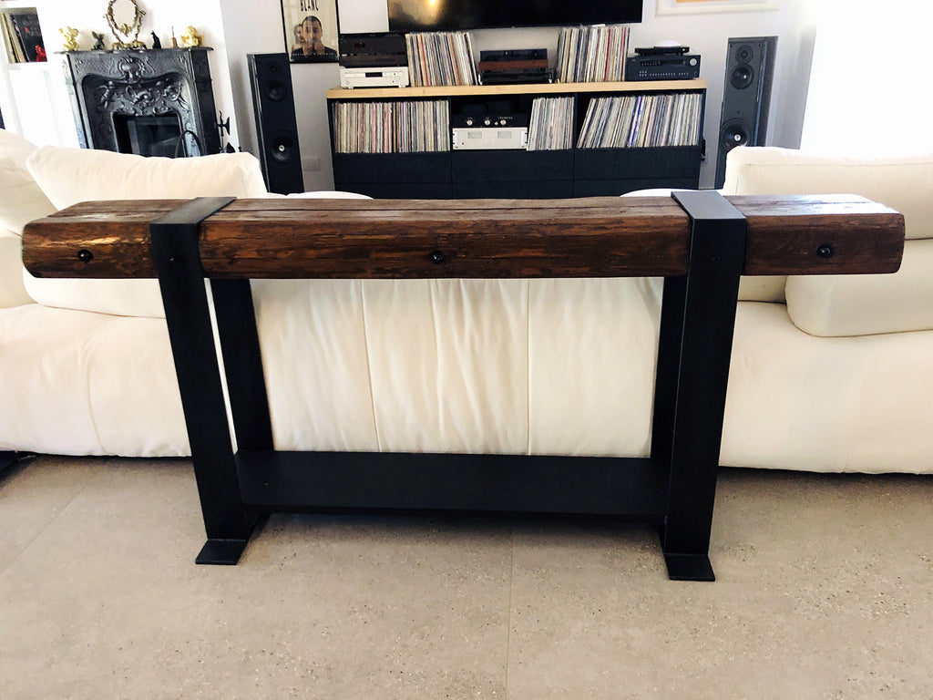 Consolle INDUSTRIAL in ferro e legno antico da riciclo – design artigianale 200×30×H80 cm – stile moderno e rustico