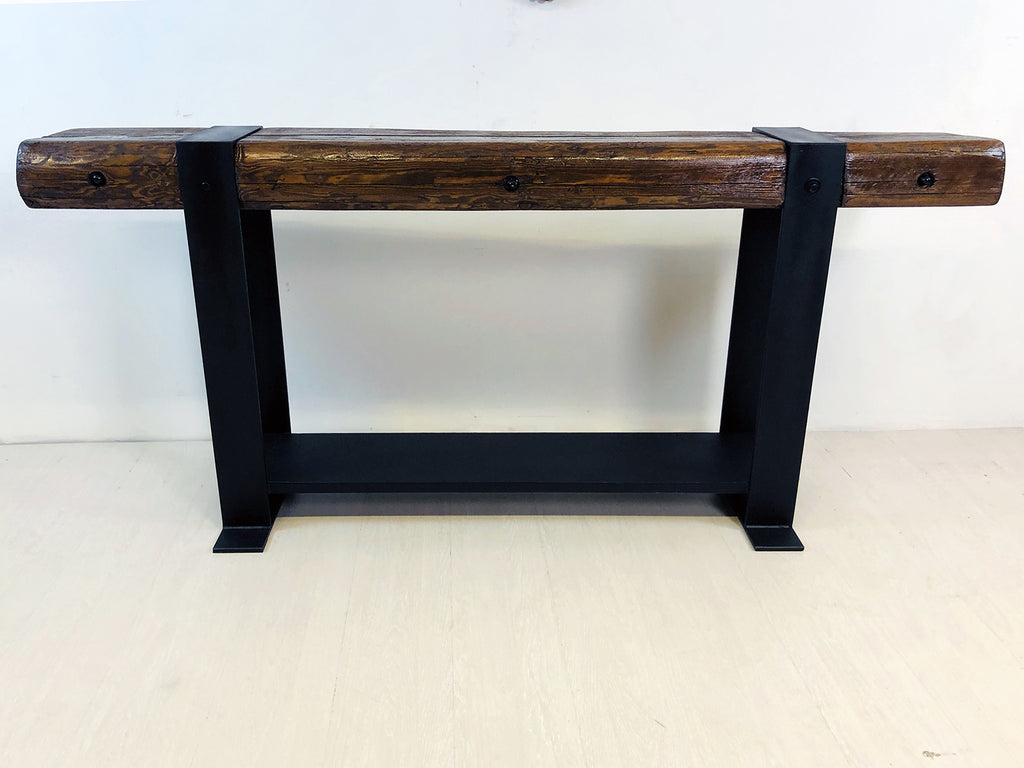 Consolle INDUSTRIAL in ferro e legno antico da riciclo – design artigianale 200×30×H80 cm – stile moderno e rustico