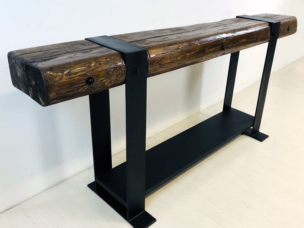 Consolle INDUSTRIAL in ferro e legno antico da riciclo – design artigianale 200×30×H80 cm – stile moderno e rustico