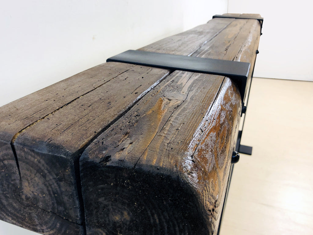 Consolle INDUSTRIAL in ferro e legno antico da riciclo – design artigianale 200×30×H80 cm – stile moderno e rustico