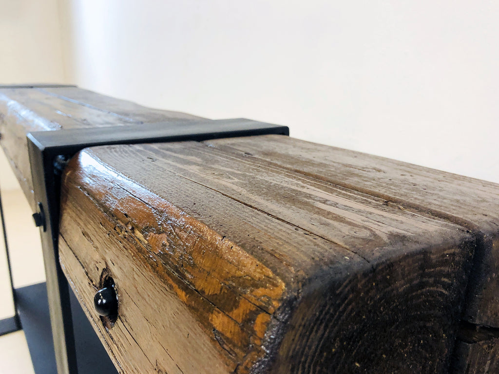 Consolle INDUSTRIAL in ferro e legno antico da riciclo – design artigianale 200×30×H80 cm – stile moderno e rustico