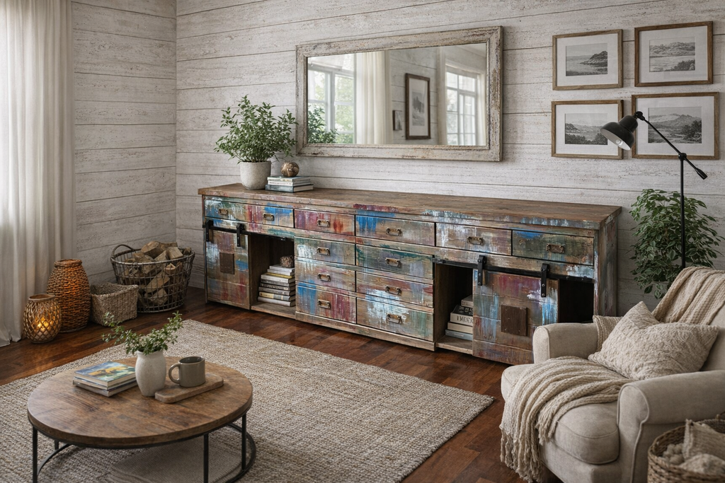 Credenza Madia modello Marilena stile industrial shabby multicolore in legno con 2 ante scorrevoli e 12 cassetti – 300×40×80 cm