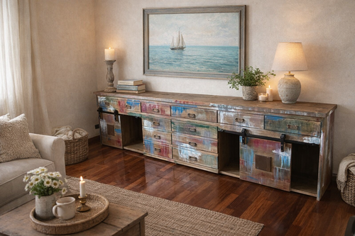 Credenza Madia modello Marilena stile industrial shabby multicolore in legno con 2 ante scorrevoli e 12 cassetti – 300×40×80 cm