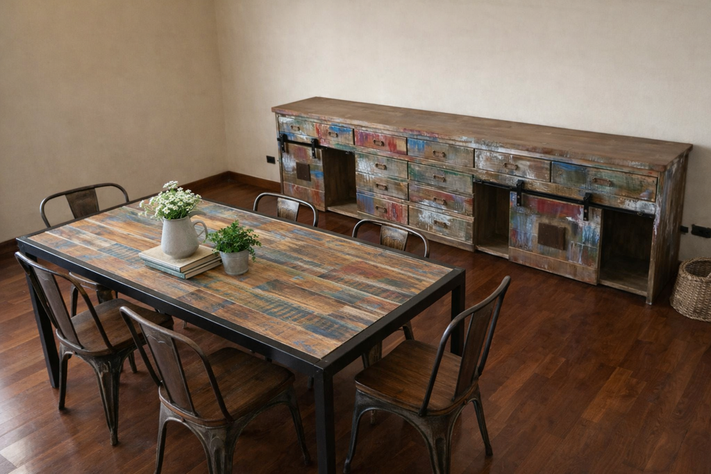 Credenza Madia modello Marilena stile industrial shabby multicolore in legno con 2 ante scorrevoli e 12 cassetti – 300×40×80 cm
