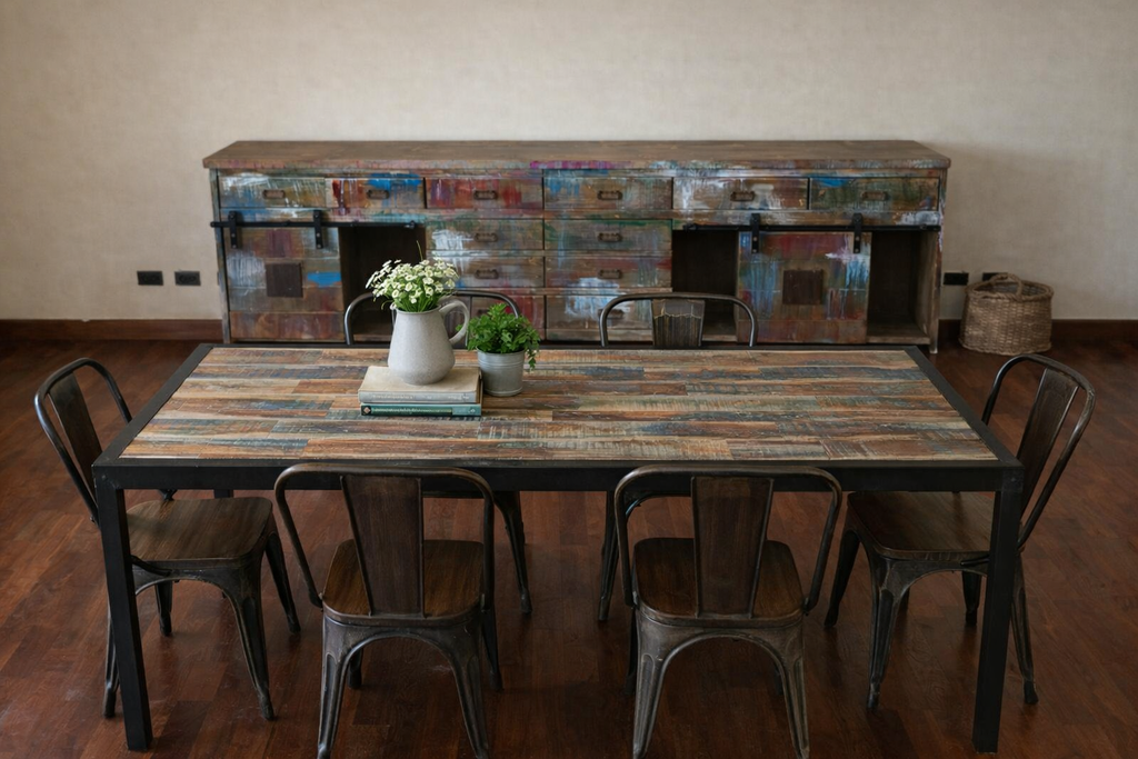 Credenza Madia modello Marilena stile industrial shabby multicolore in legno con 2 ante scorrevoli e 12 cassetti – 300×40×80 cm