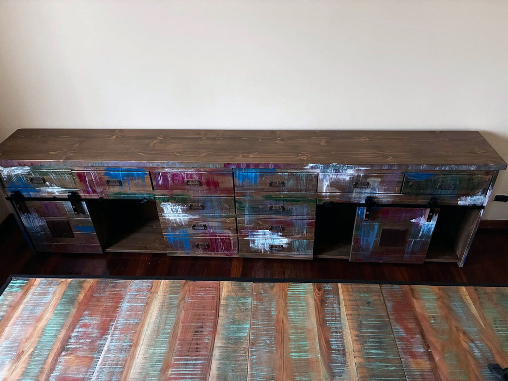 Credenza Madia modello Marilena stile industrial shabby multicolore in legno con 2 ante scorrevoli e 12 cassetti – 300×40×80 cm