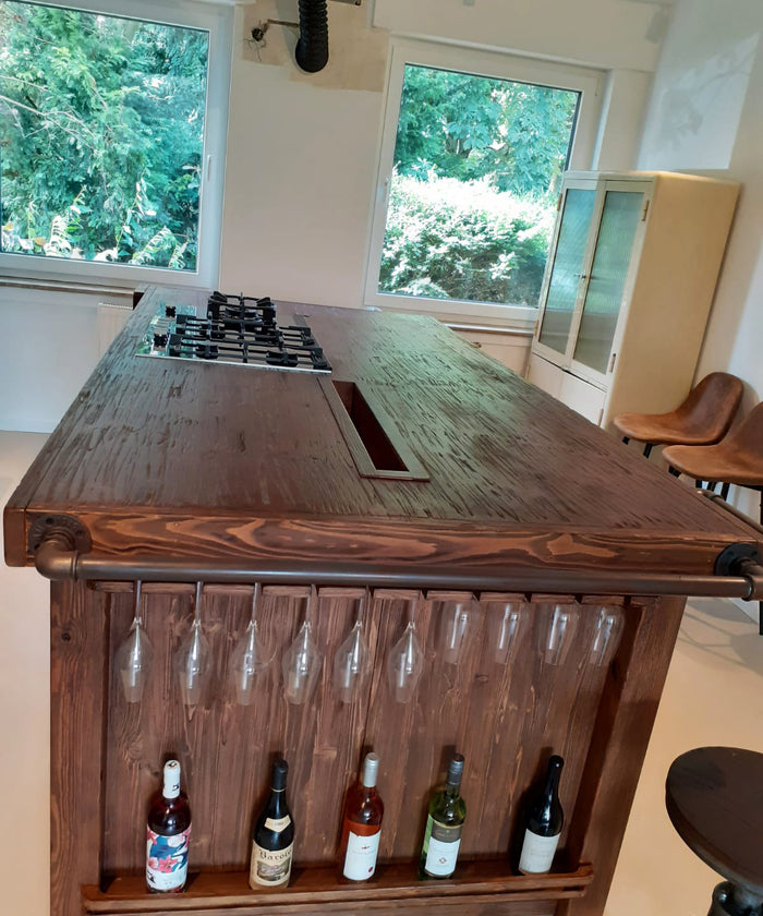 Cucina + isola MUNSTER stile INDUSTRIAL 300x65xh90cm + 240x120xH100cm in legno massello e SU MISURA