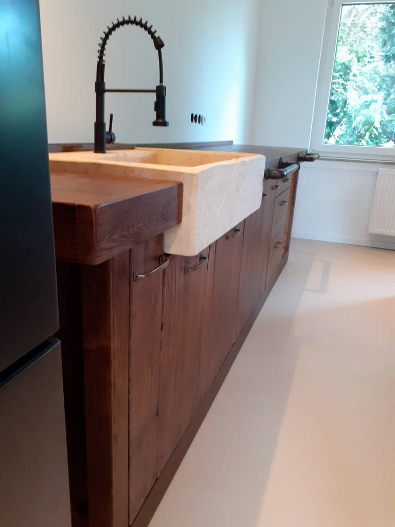 Kitchen + island MUNSTER INDUSTRIAL style 300x65xh90cm + 240x120xH100cm in solid wood and CUSTOM