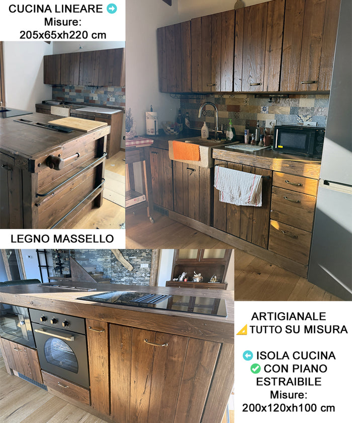 Linear kitchen with column and island INDUSTRIAL style kitchen entirely in solid wood 