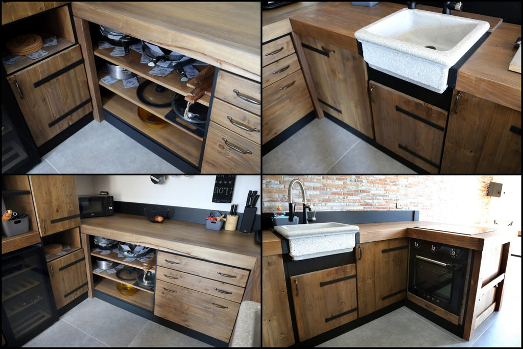 Tokyo horseshoe kitchen with island wall units and stone sink INDUSTRIAL style entirely in solid wood total linear meters 11.80 ml 