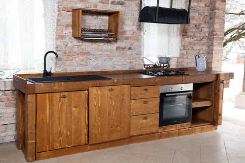 Linear kitchen VENEZIA LIDO INDUSTRIAL / RUSTIC style in solid wood predisposition for appliances dish drainer included and hood on request dimensions 320x65xh90cm