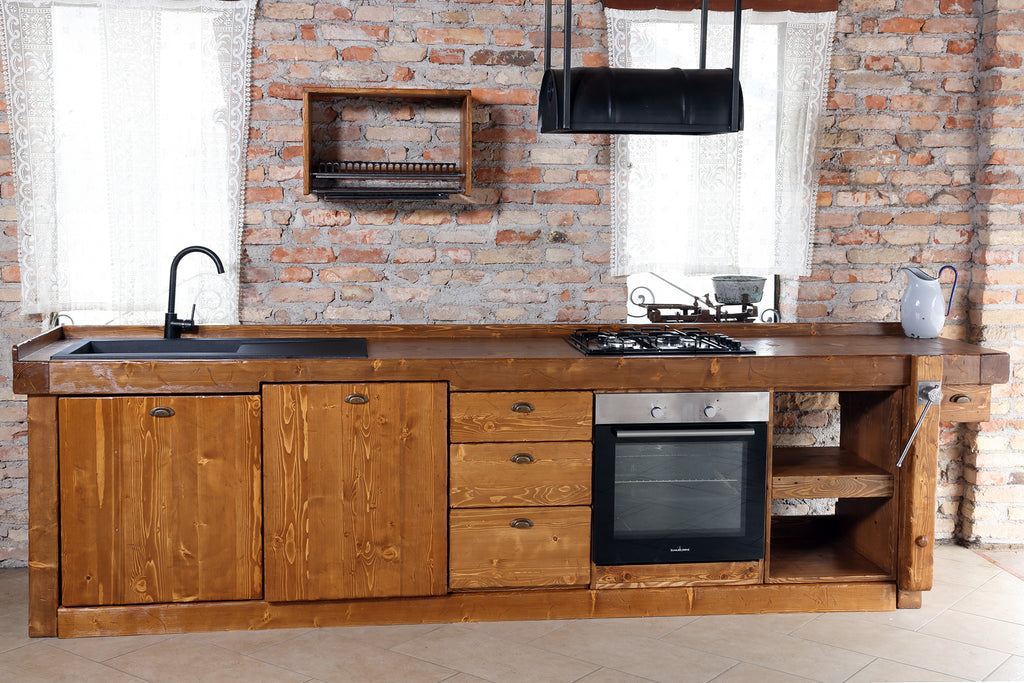 Cucina lineare VENEZIA LIDO stile INDUSTRIAL / RUSTICA in legno massello predisposizione elettrodomestici scolapiatti incluso e cappa su richiesta misure 320x65xh90cm